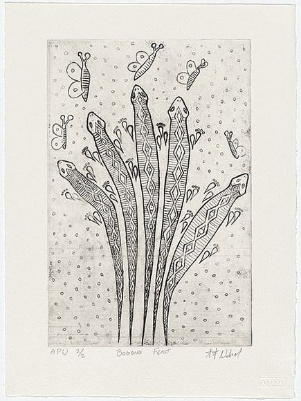 Artist: b'Wilmot, Trina.' | Title: b'Bogong feast' | Date: 2000, June | Technique: b'etching, printed in black ink, from one plate'