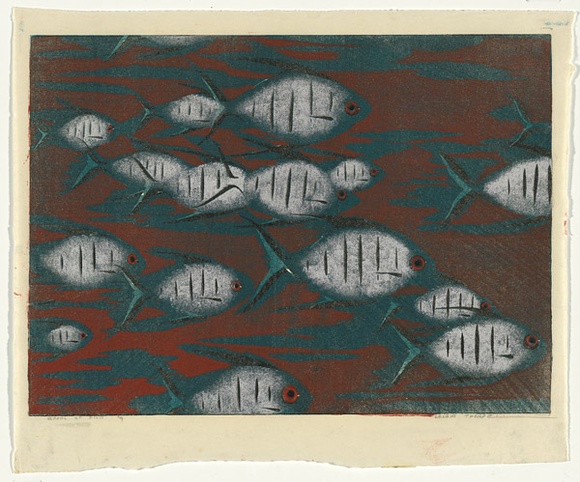 Artist: b'Thorpe, Lesbia.' | Title: b'School of fish' | Date: 1965 | Technique: b'woodcut, printed in colour, from five blocks'