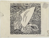 Artist: Whisson, Ken. | Title: (Boy with yacht) | Date: 1952-53 | Technique: linocut, printed in black ink, from one block
