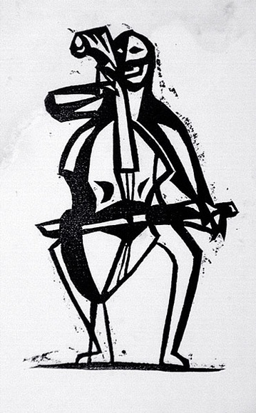 Artist: b'Barwell, Geoff.' | Title: b'(Bass fiddler).' | Date: (1955) | Technique: b'linocut, printed in black ink, from one block'