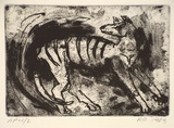 Artist: Daw, Robyn. | Title: not titled [tiger looking back at tail] | Date: 1989, November | Technique: etching, printed in black ink, from one plate