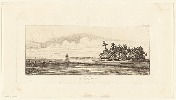 Artist: b'MERYON, Charles' | Title: b'Oceanie: Ilots \xc3\xa0 Uvea (Wallis): P\xc3\xaache aux palmes 1845 (Oceania: Islets at Ouvea (Wallis), Fishing with palm trees)' | Date: 1863 | Technique: b'etching, printed in warm black ink, from one plate'