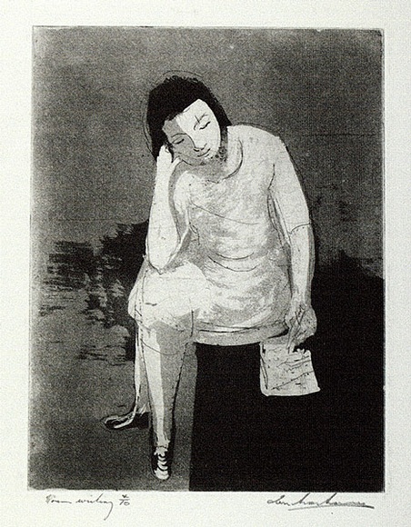 Artist: b'Armstrong, Ian.' | Title: b'Woman writing.' | Date: c.1960 | Technique: b'etching and aquatint, printed in black ink, from one plate'