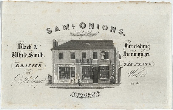 Artist: b'UNKNOWN ENGRAVER,' | Title: bAdvertisement: Sam'l Onions, Black & white smith, furnishing ironmonger | Date: 1830s | Technique: b'engraving, printed in black ink, from one plate'