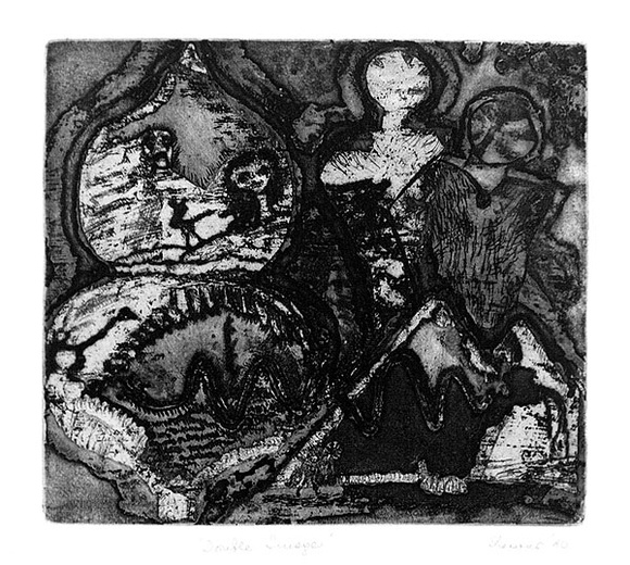 Artist: b'SHEARER, Mitzi' | Title: b'Double image' | Date: 1980 | Technique: b'etching and aquatint, printed in black ink, from one plate'