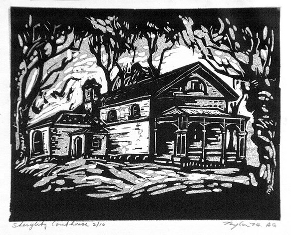 Artist: b'Taylor, John H.' | Title: b'Steiglitz Courthouse' | Date: 1974 | Technique: b'linocut, printed in black and grey ink, from two blocks'