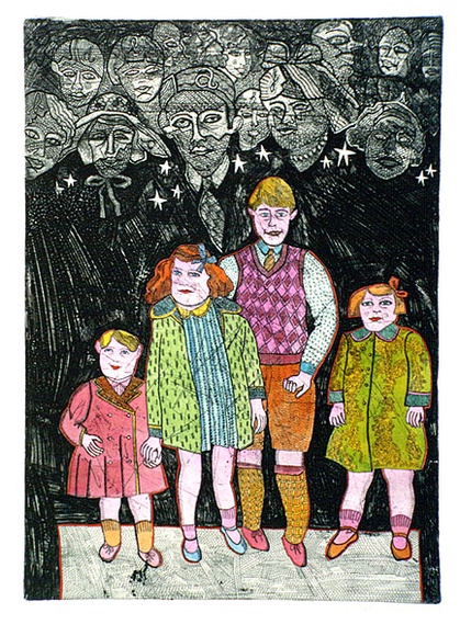 Artist: b'HANRAHAN, Barbara' | Title: b'The children' | Date: 1978 | Technique: b'etching, printed in black ink, from one plate, hand-coloured'