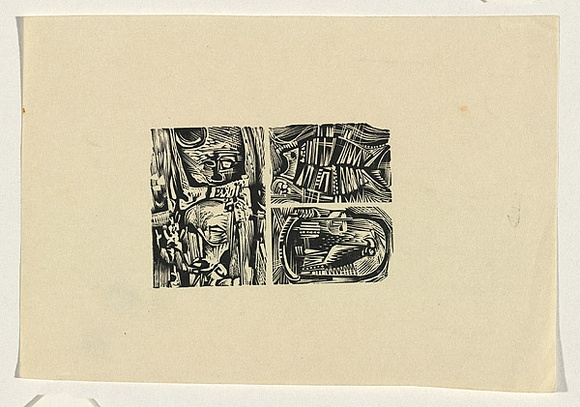 Title: b'not titled [three squares: two heads, fish and parrot in cage]' | Date: 1960s | Technique: b'wood-engraving, printed in black ink, from one block'