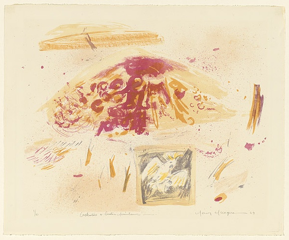 Artist: b'MACQUEEN, Mary' | Title: b'Cockatoo and Crater Mountain' | Date: 1969 | Technique: b'lithograph, printed in colour, from multiple plates' | Copyright: b'Courtesy Paulette Calhoun, for the estate of Mary Macqueen'