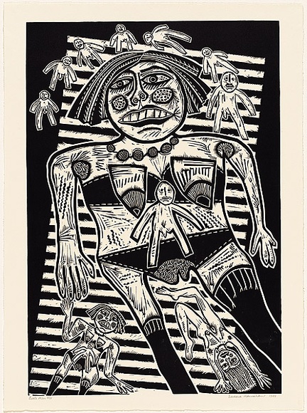 Artist: b'HANRAHAN, Barbara' | Title: b'Little men' | Date: 1988 | Technique: b'linocut, printed in black ink, from one block'