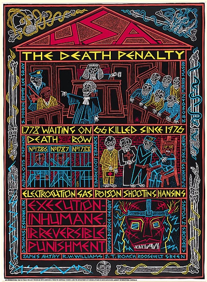 Artist: b'REDBACK GRAPHIX' | Title: b'Amnesty: USA The death penalty.' | Date: 1988 | Technique: b'screenprint, printed in colour, from five stencils' | Copyright: b'\xc2\xa9 Michael Callaghan'