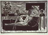 Artist: JABBAR, Ali | Title: not titled [woman lying on couch] | Date: 1989 | Technique: linocut, printed in black ink, from one block
