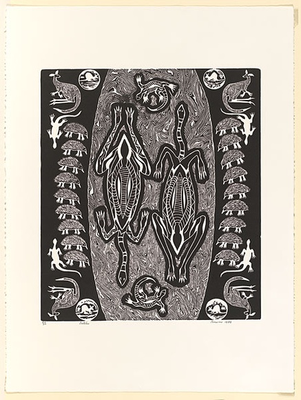 Artist: b'Hayward Pooaraar, Bevan.' | Title: b'Turtles' | Date: 1988 | Technique: b'linocut'