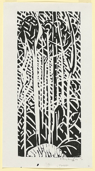 Artist: b'Grey-Smith, Guy' | Title: b'Karri forest I' | Date: 1975 | Technique: b'woodcut, printed in black ink, from one block'