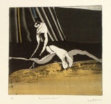 Artist: b'BALDESSIN, George' | Title: b'Performers and tent.' | Date: 1966 | Technique: b'colour etching and aquatint'
