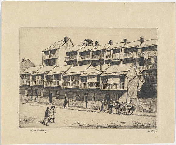 Artist: b'LINDSAY, Lionel' | Title: b'Rabbit hutches, Lower George Street, Sydney' | Date: 1931 | Technique: b'etching, printed in black ink, from one plate' | Copyright: b'Courtesy of the National Library of Australia'