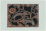 Artist: b'Namok, Rosella.' | Title: b'Dolphin at Rocky Point' | Date: 1997, November | Technique: b'linocut, printed in orange and navy blue ink, from multiple blocks'