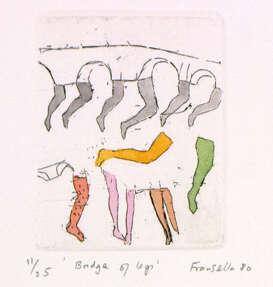 Artist: b'Fransella, Graham.' | Title: b'Bridge of legs.' | Date: 1980 | Technique: b'etching, printed in black ink, from one plate; hand-coloured' | Copyright: b'Courtesy of the artist'