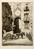 Artist: b'LINDSAY, Lionel' | Title: b'The fish market clock, Naples' | Date: 1938 | Technique: b'etching and aquatint, printed in brown ink, from one plate' | Copyright: b'Courtesy of the National Library of Australia'