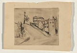 Title: b'not titled [village with palm and telegraph pole]' | Technique: b'etching, printed in brown ink, from one plate'