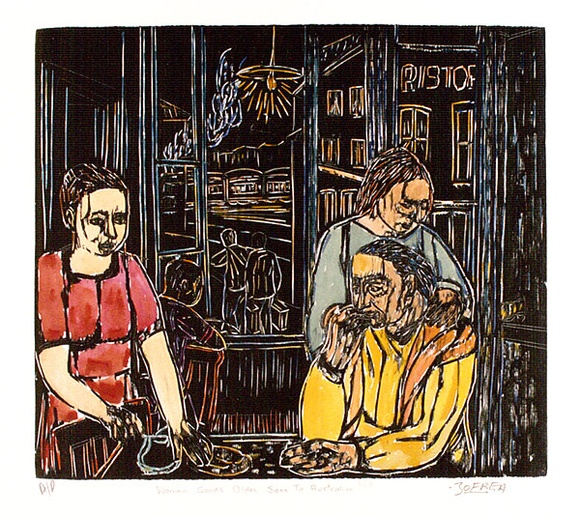 Artist: b'ZOFREA, Salvatore' | Title: b'Woman sends older sons to Australia.' | Date: 1989 | Technique: b'woodcut, printed in black, from one block; hand-coloured' | Copyright: b'\xc2\xa9 Salvatore Zofrea, 1989'