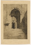 Artist: LINDSAY, Lionel | Title: The priest's door | Date: 1919 | Technique: etching and drypoint, printed in brown ink with plate-tone and wiped highlights, from one plate | Copyright: Courtesy of the National Library of Australia