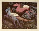 Artist: b'Higgs, Florence.' | Title: b'(Two horses)' | Date: 1955 | Technique: b'linocut, printed in colour, from four blocks'