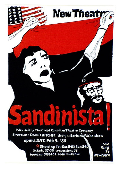 Artist: b'Shaw, Rod.' | Title: b'New Theatre: Sandinista! devised by The Great Canadian Theatre Company. direction: David Richie. Design: Barbara Richardson' | Date: 1985 | Technique: b'lithograph, printed in colour, from multiple stones [or plates]'