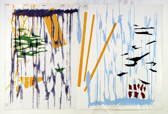 Artist: b'Dawson, Janet.' | Title: b'The first bugle.' | Date: 1980, August | Technique: b'screenprint, printed in colour, from multiple stencils, with plastic net stapled to support' | Copyright: b'\xc2\xa9 Janet Dawson. Licensed by VISCOPY, Australia'