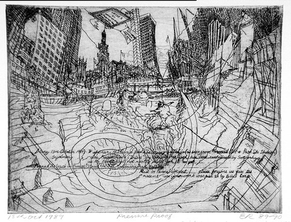 Artist: b'Rooney, Elizabeth.' | Title: b'13th October 1989, a view from Pitt and Park Streets' | Date: 1989-90 | Technique: b'etching and aquatint, printed in black ink with plate-tone, from one  zinc plate'