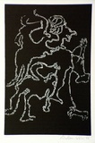 Artist: Wallace-Crabbe, Robin. | Title: Walking the dog | Date: 1966 | Technique: linocut, printed in black ink, from one block | Copyright: © Robin Wallace-Crabbe, Licensed by VISCOPY, Australia