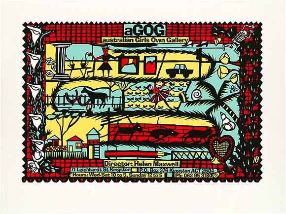 Artist: b'REDBACK GRAPHIX' | Title: b'aGOG: Australian Girls Own Gallery.' | Date: 1989 | Technique: b'screenprint, printed in colour, from four stencils'