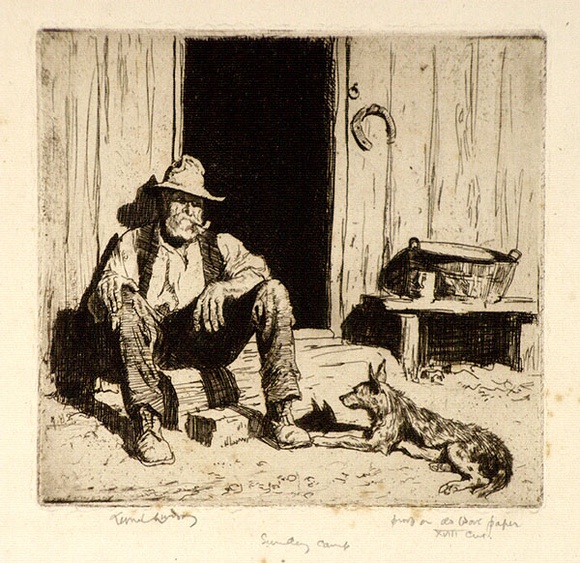 Artist: b'LINDSAY, Lionel' | Title: b'Sunday camp' | Date: 1925 | Technique: b'etching and aquatint, printed in brown ink, from one plate' | Copyright: b'Courtesy of the National Library of Australia'