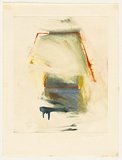 Artist: Maguire, Tim. | Title: Not titled [monoprint of white, red and yellow, blue marks at centre] | Date: 1982 | Technique: monoprint, printed in colour, from one plate