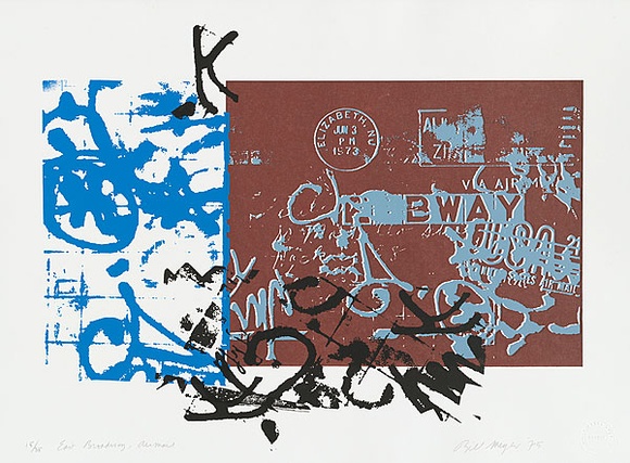 Artist: b'MEYER, Bill' | Title: b'East Broadway, airmail' | Date: 1975 | Technique: b'screenprint, printed in colour, from four screens (direct handcut, indirect photo)' | Copyright: b'\xc2\xa9 Bill Meyer'