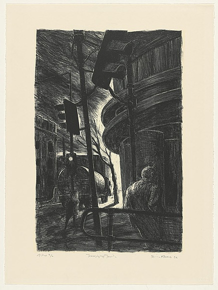 Artist: b'AMOR, Rick' | Title: b'Tramstop and truck' | Date: 1992 | Technique: b'lithograph, printed in black ink, from one stone' | Copyright: b'Image reproduced courtesy the artist and Niagara Galleries, Melbourne'