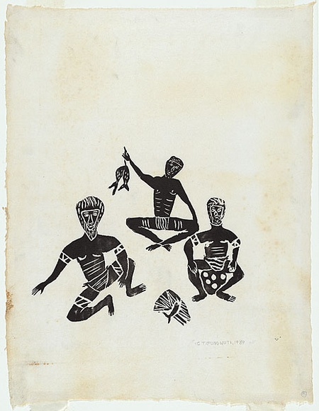 Artist: b'Tipungwuti, Giovanni (John).' | Title: b'Three men cooking fish' | Date: 1969 | Technique: b'woodcut, printed in black ink, from one block'