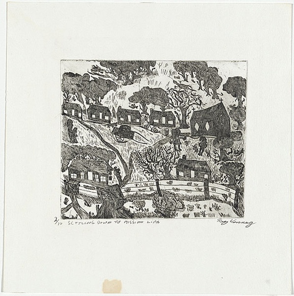 Artist: b'Kennedy, Roy.' | Title: b'Settling down to mission life' | Date: 2001 | Technique: b'etching, printed in black ink, from one plate'