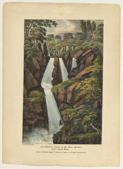 Artist: LYCETT, Joseph | Title: Beckett's Fall, on the River Apsley, New South Wales | Date: 1 August 1824 | Technique: lithograph, printed in black ink, from one stone; hand-coloured