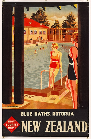 Artist: b'MITCHELL, L C' | Title: b'Blue Baths, Rotorua, New Zealand' | Date: 1920-40 | Technique: b'lithograph, printed in colour, from multiple plates'