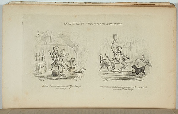 Artist: b'Ham Brothers.' | Title: b'Sketches of Australian squatters.' | Date: 1851 | Technique: b'engraving, printed in black ink, from one copper plate'