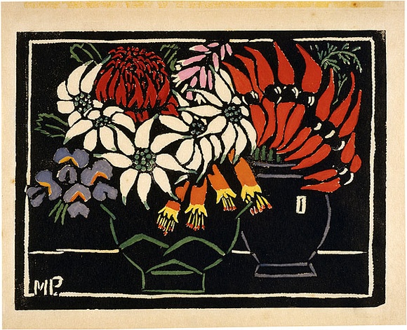 Artist: b'PRESTON, Margaret' | Title: bSturt's desert pea. | Date: 1925 | Technique: b'woodcut, printed in black ink, from one block; hand-coloured' | Copyright: b'\xc2\xa9 Margaret Preston. Licensed by VISCOPY, Australia'