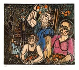 Artist: b'ZOFREA, Salvatore' | Title: b'Woman picks fruit with children.' | Date: 1989 | Technique: b'woodcut, printed in black, from one block; hand-coloured' | Copyright: b'\xc2\xa9 Salvatore Zofrea, 1989'