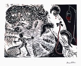Artist: COLEING, Tony | Title: Brusis Latimerititus - the only cure for an extreme case of a bullroarer arm. | Date: 1986-87 | Technique: linocut, printed in black ink, from one block; hand-coloured | Copyright: © Bruce Latimer