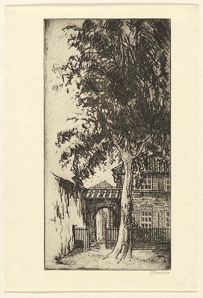 Artist: b'EWINS, Rod' | Title: b'not titled [tree and pot-tiled buildings].' | Date: 1964 | Technique: b'softground etching, printed in black ink, from one copper plate'