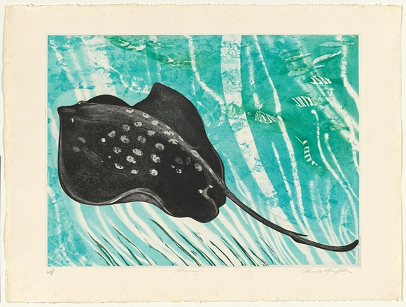 Artist: b'GRIFFITH, Pamela' | Title: b'Stingray' | Date: 1980 | Technique: b'etching, aquatint, air gun resist, marbelling printed in colour from two zinc plates' | Copyright: b'\xc2\xa9 Pamela Griffith'