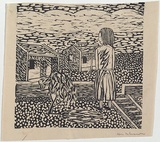 Artist: b'Whisson, Ken.' | Title: b'Girl and houses' | Date: 1952-53 | Technique: b'linocut, printed in black ink, from one block'