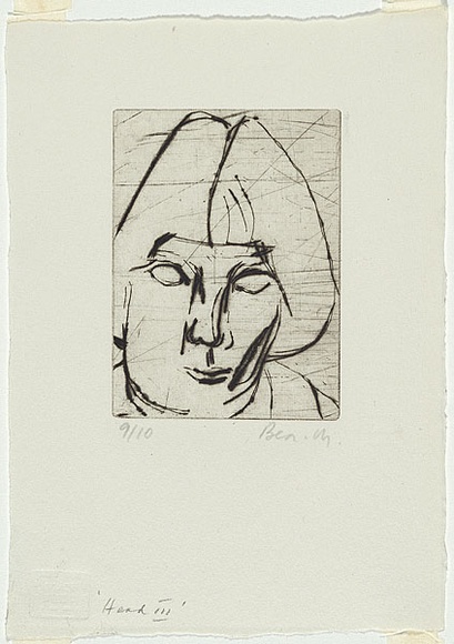 Artist: b'MADDOCK, Bea' | Title: b'Head III' | Date: 1964 | Technique: b'drypoint, printed in black ink with plate-tone, from one copper plate'