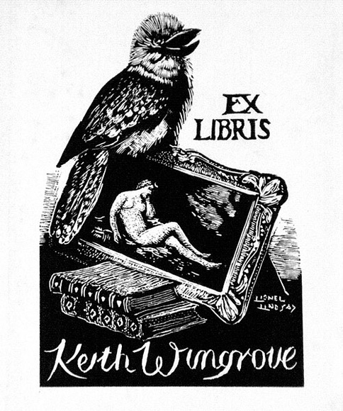 Artist: b'LINDSAY, Lionel' | Title: b'Bookplate: Keith Wingrove' | Date: 1958, December | Technique: b'wood-engraving, printed in black ink, from one block' | Copyright: b'Courtesy of the National Library of Australia'