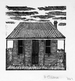 Artist: OGILVIE, Helen | Title: not titled [Small wooden country cottage - a design used for catalogue covers/invitations for the artist's exhibitions]. | Date: c.1944 | Technique: wood-engraving, printed in black ink, from one block